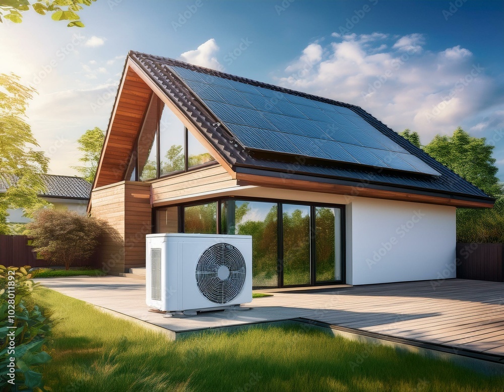 modern house building with heat pump concept of sustainable energy efficient home