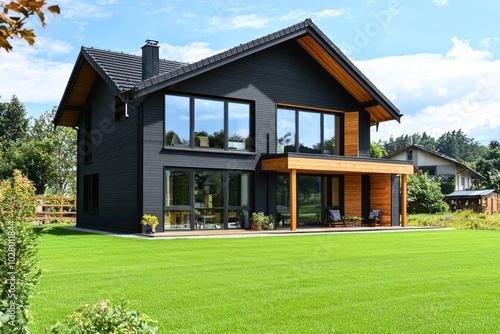 shot of a stylish black modern home with warm wooden accents, large windows overlooking a bright, well-kept green lawn