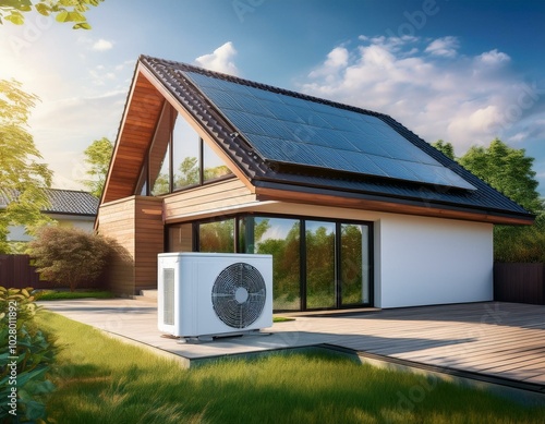 Obraz na płótnie modern house building with heat pump concept of sustainable energy efficient home w salonie