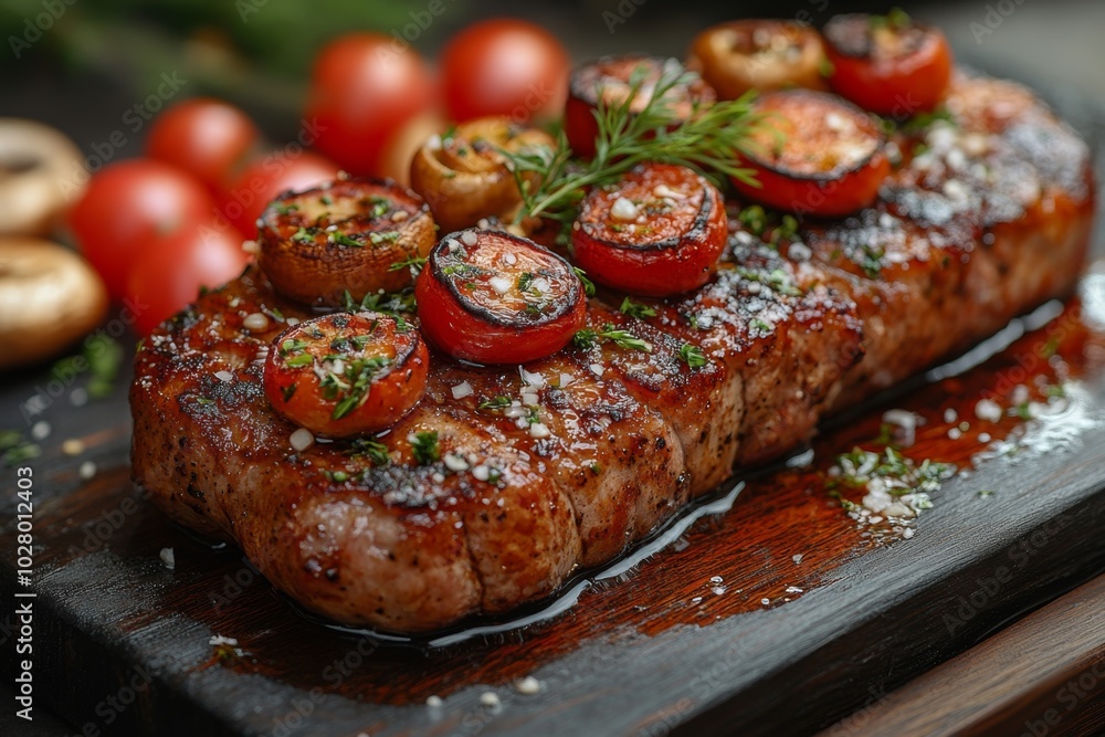 Close-up of baked meat with mushrooms, vegetables and spices Close-up of baked meat with mushrooms, vegetables and spices