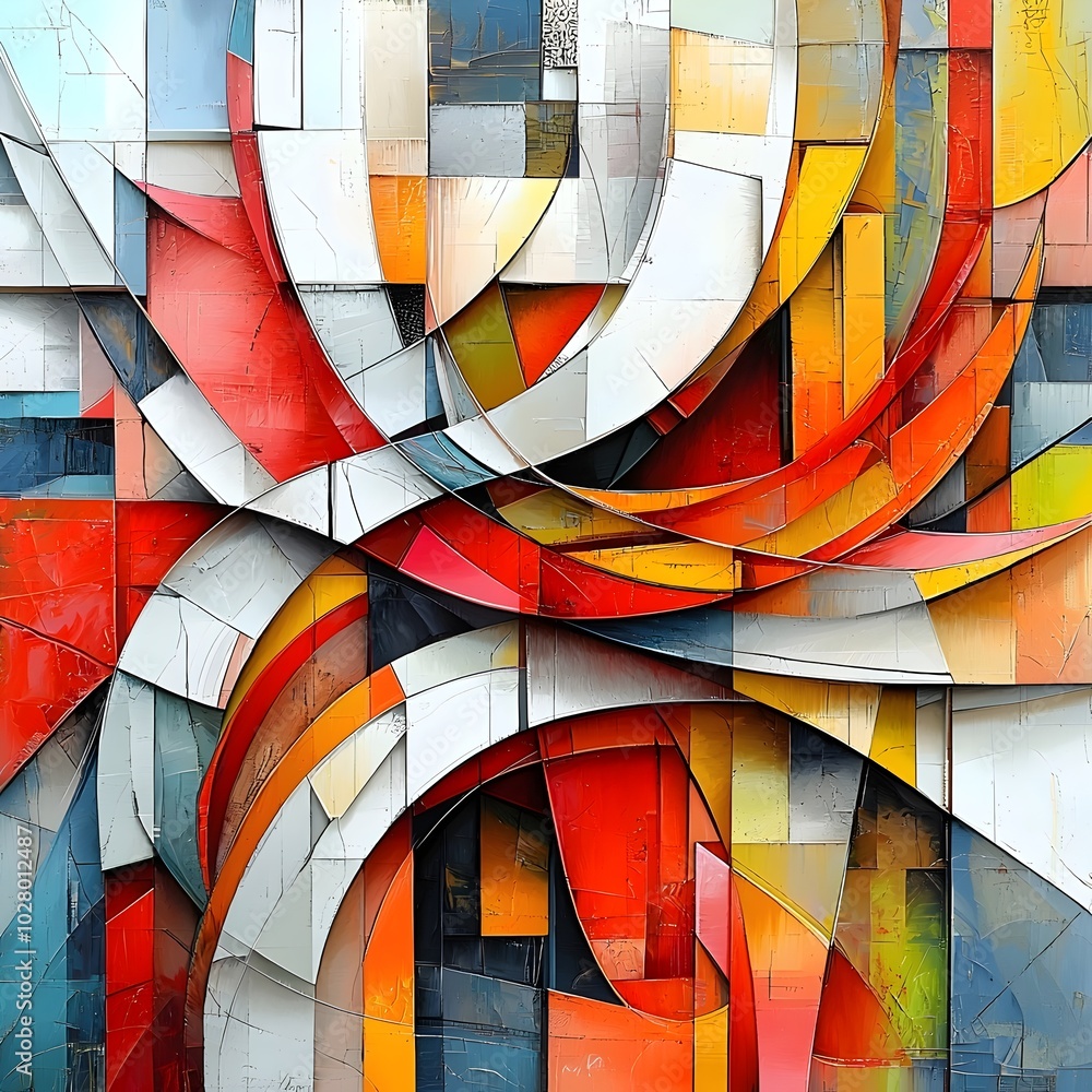 Fototapeta premium Abstract geometric artwork in a vibrant color scheme of red, yellow, orange, and white.