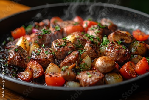 Close-up of baked meat with mushrooms, vegetables and spices