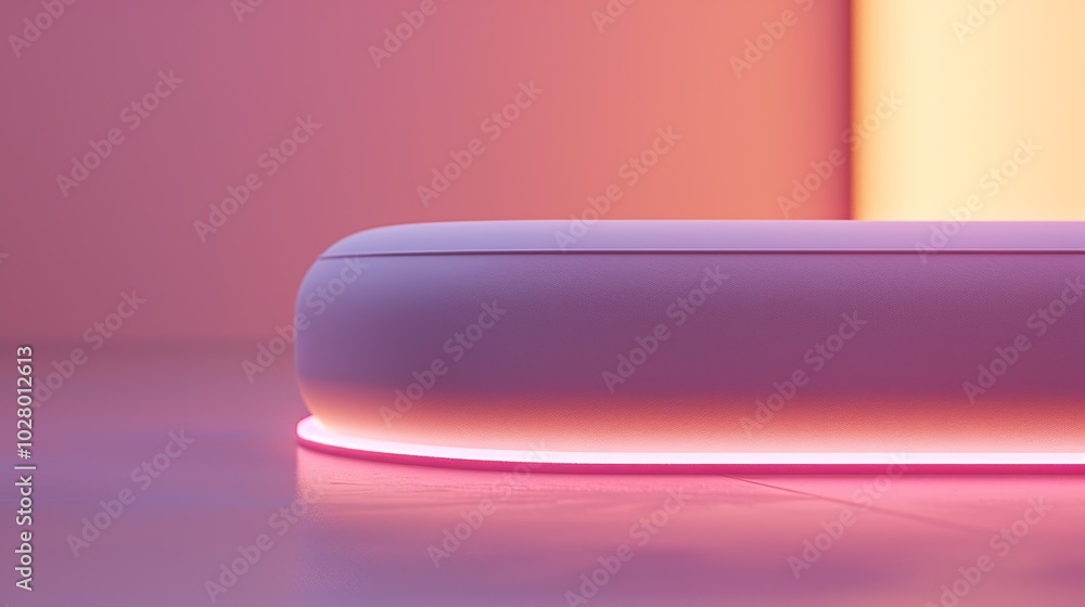 Empty oval podium illuminating with neon light on pink background with space for product Empty oval podium illuminating with neon light on pink background with space for product