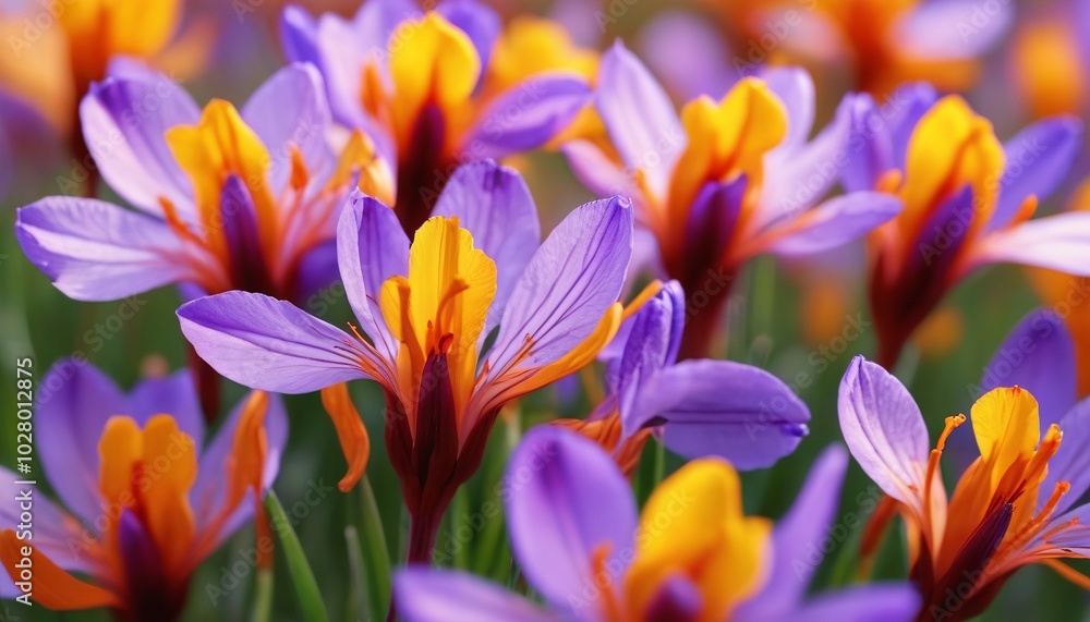 A close-up of saffron flowers blooming in a vibrant autumn field, showcasing their delicate petals and rich colors against a seasonal backdrop, Generative AI A close-up of saffron flowers blooming in a vibrant autumn field, showcasing their delicate petals and rich colors against a seasonal backdrop, Generative AI