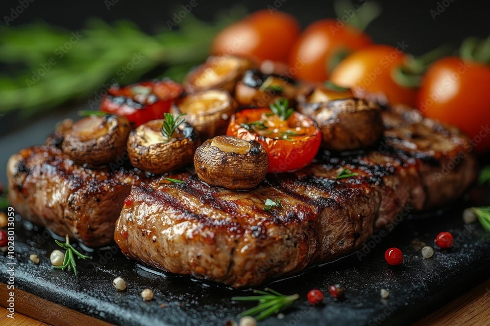 Close-up of baked meat with mushrooms, vegetables and spices Close-up of baked meat with mushrooms, vegetables and spices