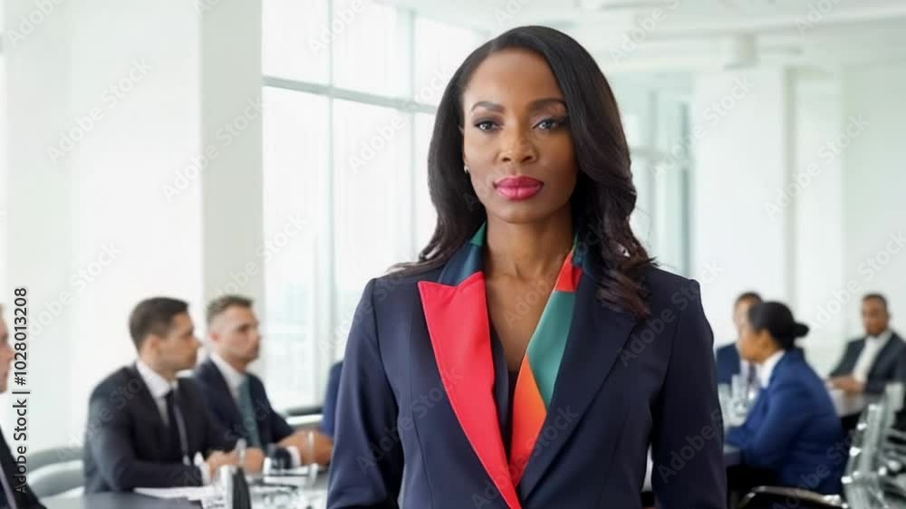 A successful African-American businesswoman in a suit stands in front of a group of men. A successful African-American businesswoman in a suit stands in front of a group of men.