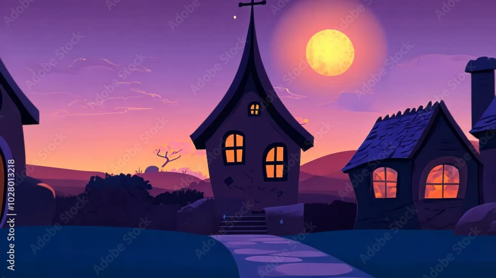 A serene village scene at dusk with charming houses and a bright moon. A serene village scene at dusk with charming houses and a bright moon.