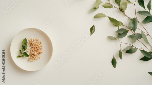Simple Minimalist Dining Area with a Plate of Healthy Food and Greenery, generative ai