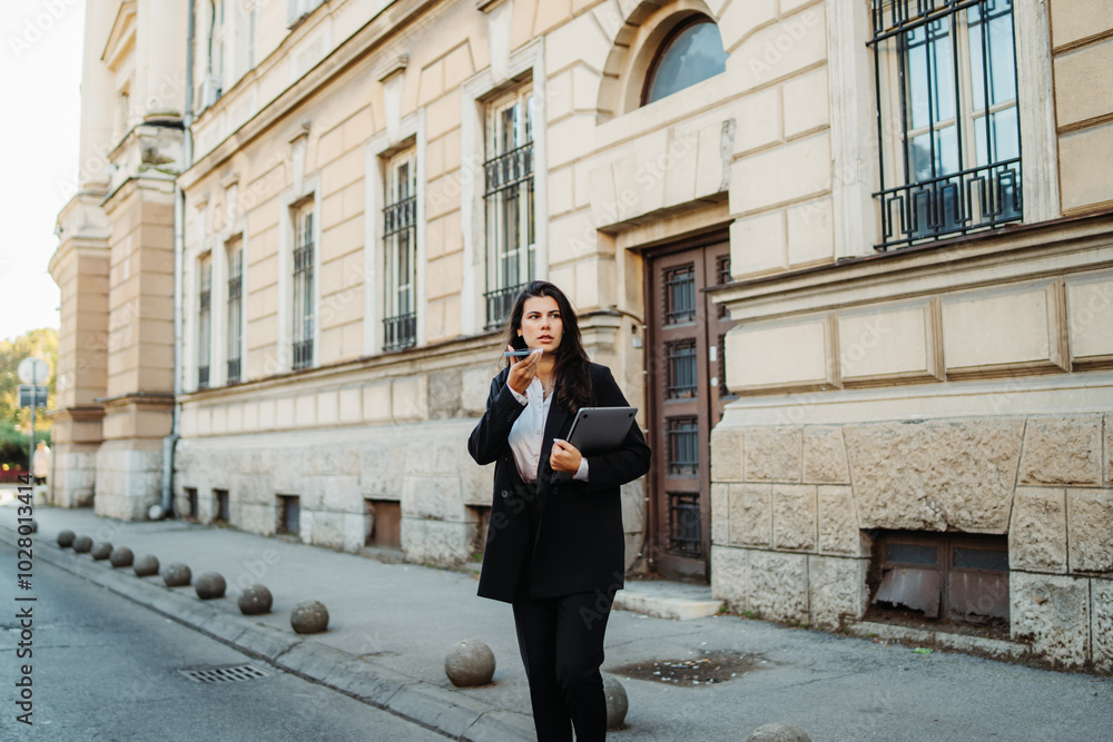 Young businesswoman sending voice message on smartphone on the street Young businesswoman sending voice message on smartphone on the street