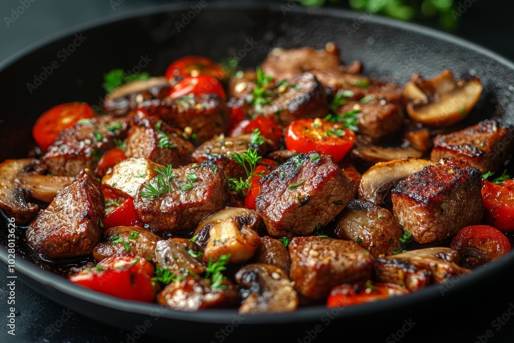 Close-up of baked meat with mushrooms, vegetables and spices Close-up of baked meat with mushrooms, vegetables and spices