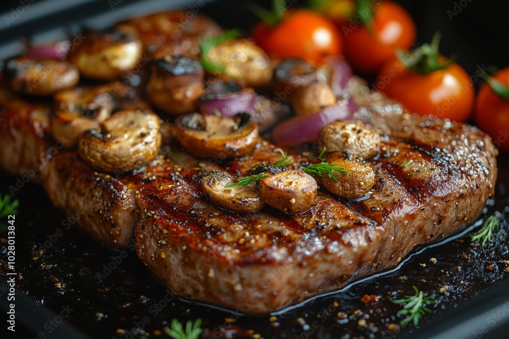 Close-up of baked meat with mushrooms, vegetables and spices Close-up of baked meat with mushrooms, vegetables and spices