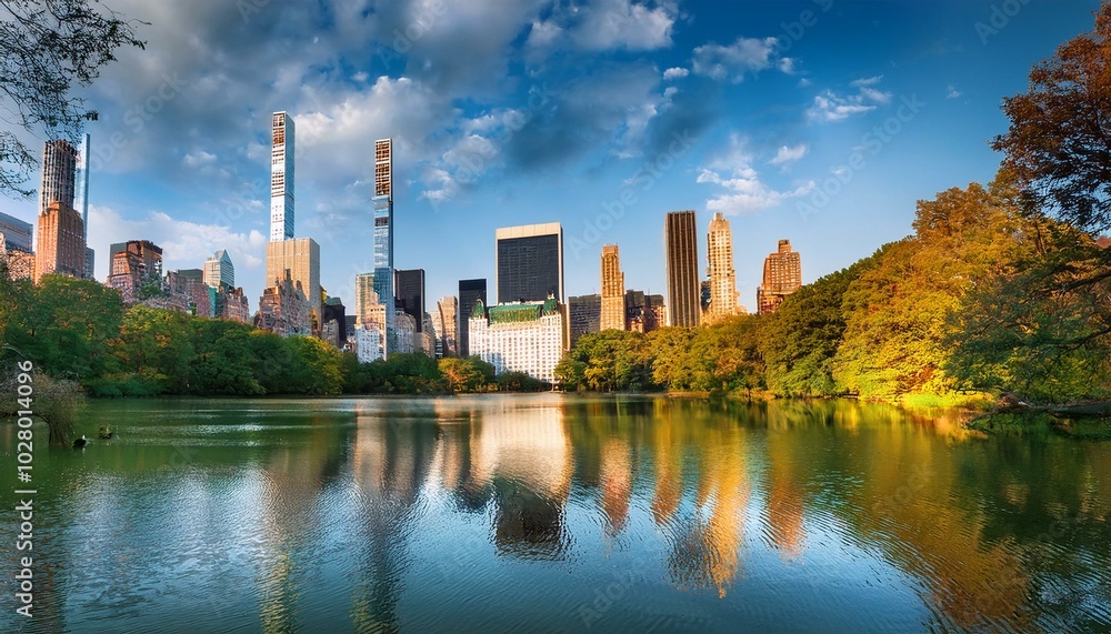 view of manhattan cityscape as seen from the pond one of seven bodies of water in central park located near grand army plaza across central park south from the plaza hotel new york city view of manhattan cityscape as seen from the pond one of seven bodies of water in central park located near grand army plaza across central park south from the plaza hotel new york city