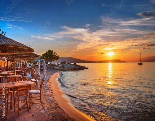 view of beach bar and sea at sunset in thassos town thassos aegean sea greek islands greece