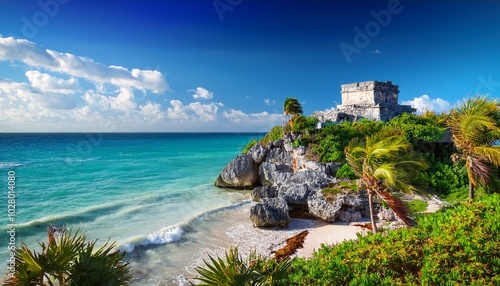 view of mayan temple ruins overlooking the sea tulum quintana roo caribbean coast yucatan peninsula riviera maya