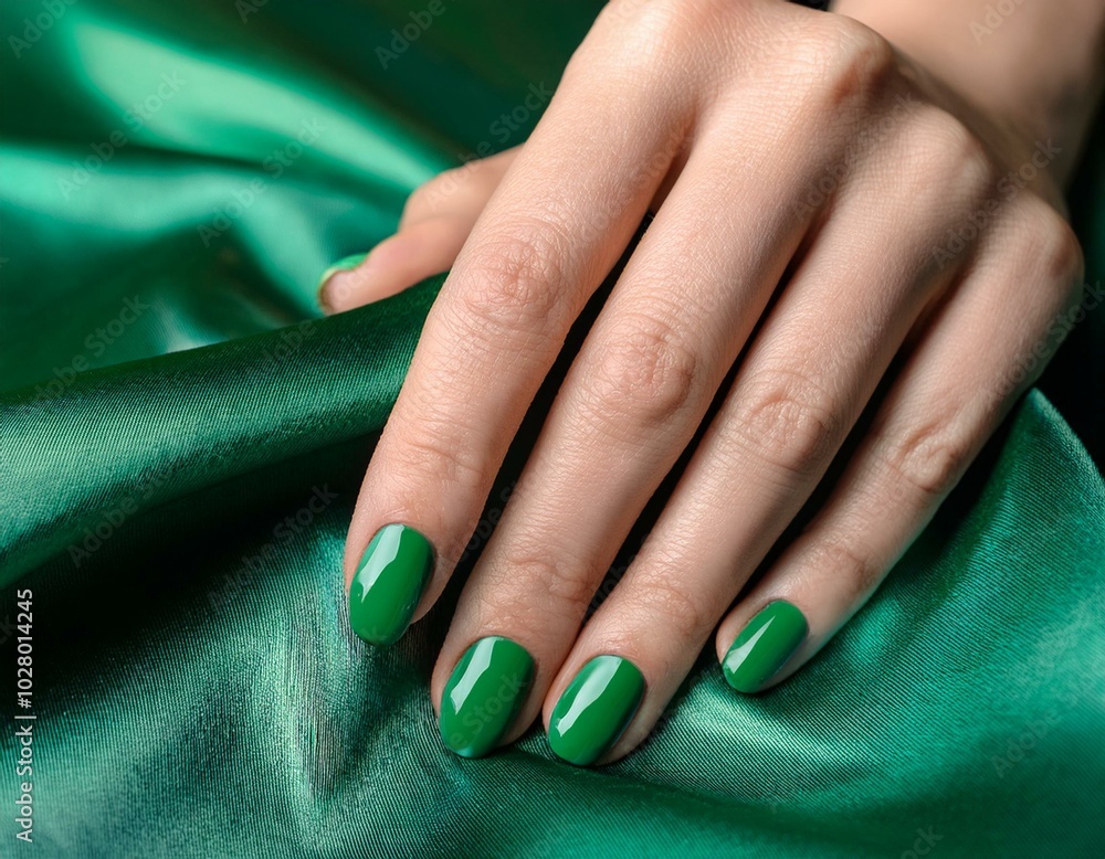 Fototapeta premium woman s nails with beautiful green emerald manicure on green silk dress ai generated