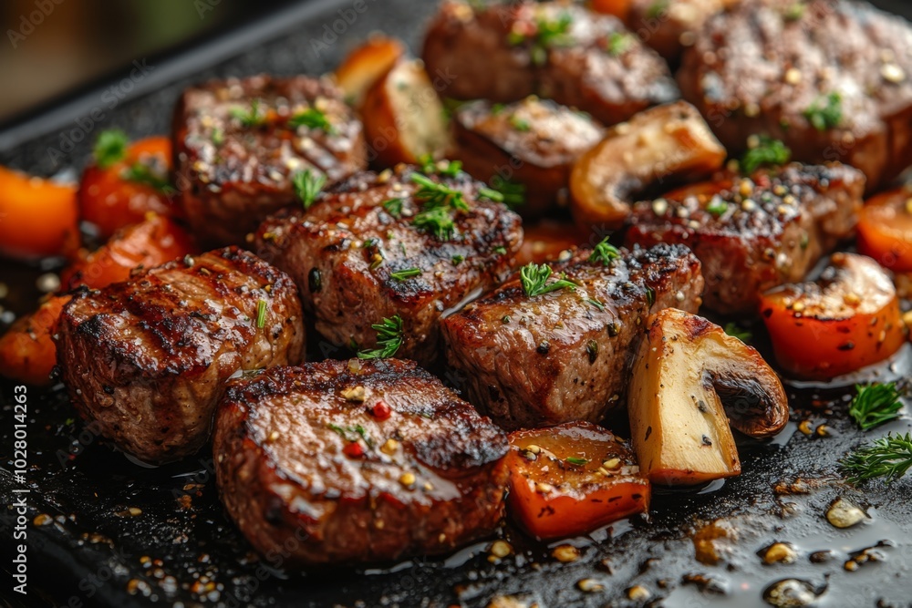 Close-up of baked meat with mushrooms, vegetables and spices Close-up of baked meat with mushrooms, vegetables and spices