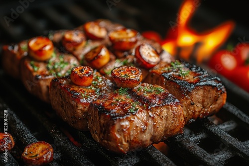 Close-up of baked meat with mushrooms, vegetables and spices