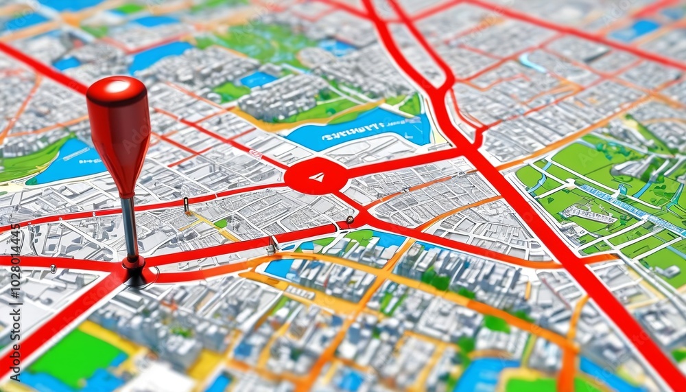 A glossy red pinpoint marker highlights a specific location on a digital street map, illustrating the modern approach to urban navigation and exploration, Generative AI A glossy red pinpoint marker highlights a specific location on a digital street map, illustrating the modern approach to urban navigation and exploration, Generative AI