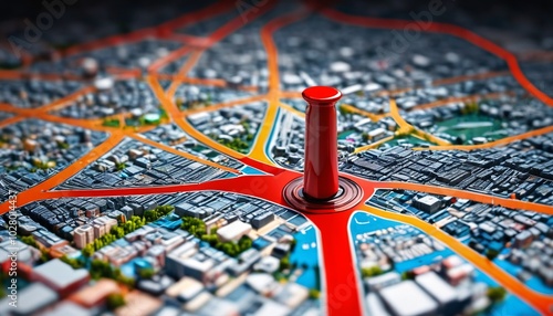 A clear depiction of a glossy red pinpoint marker on a digital street map, symbolizing a crucial waypoint in the exploration of the city, Generative AI photo