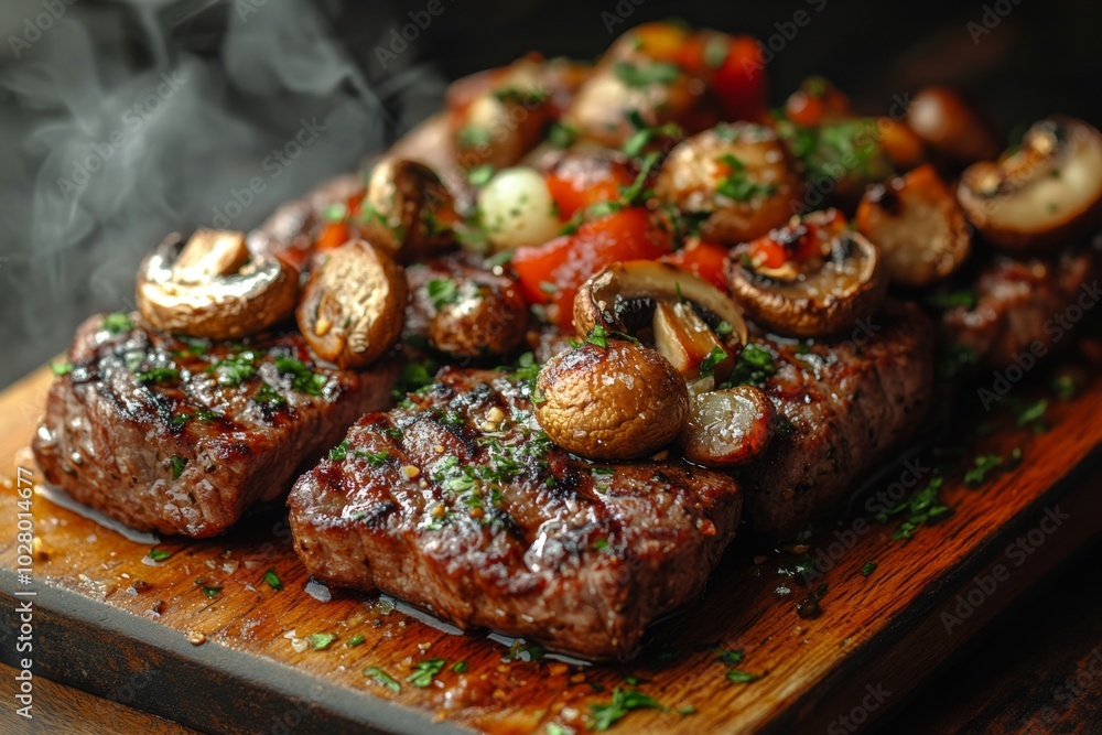 Close-up of baked meat with mushrooms, vegetables and spices Close-up of baked meat with mushrooms, vegetables and spices