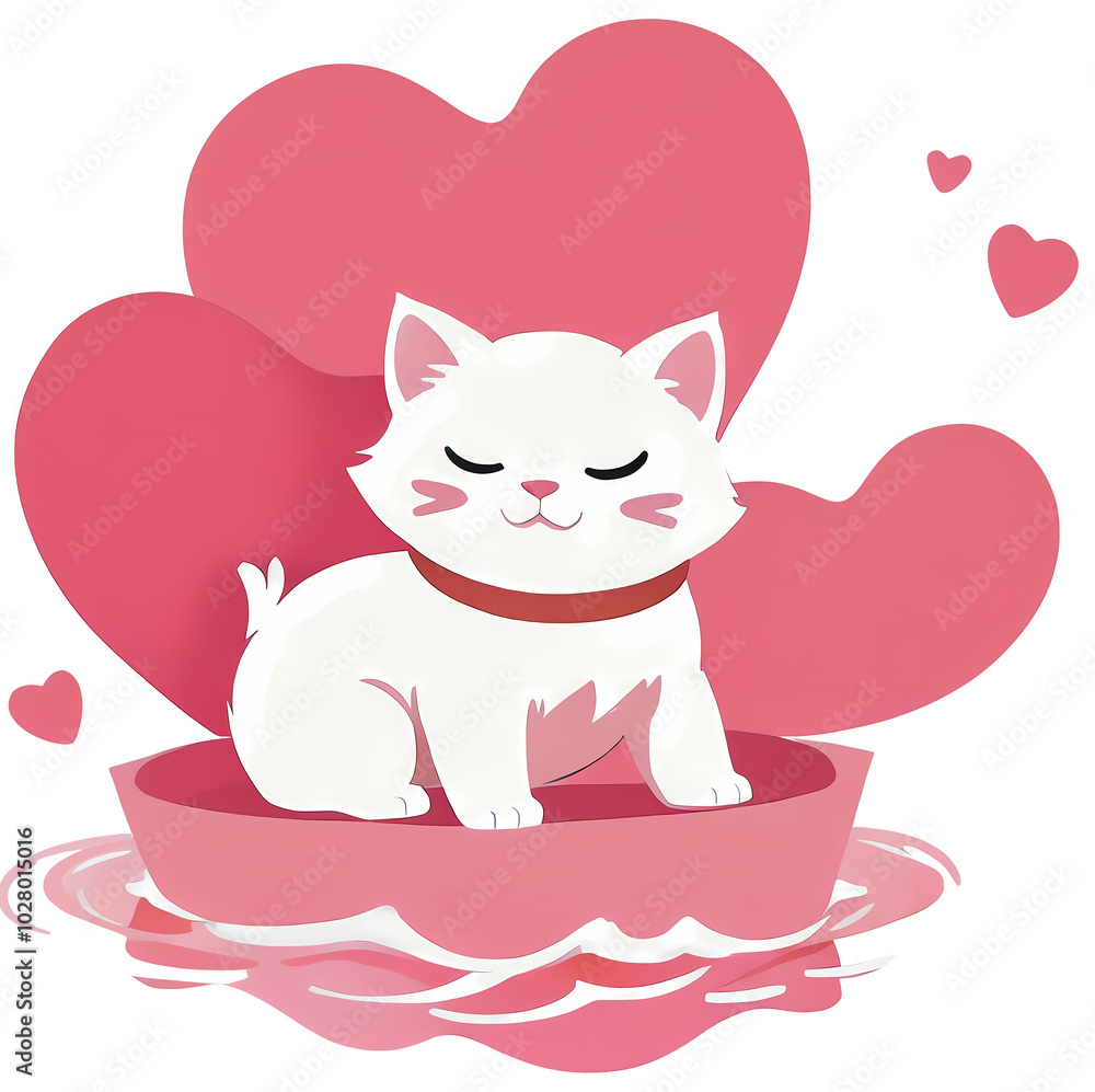 Cute White Cat with Hearts on a Pink Boat - Love-Themed Sticker