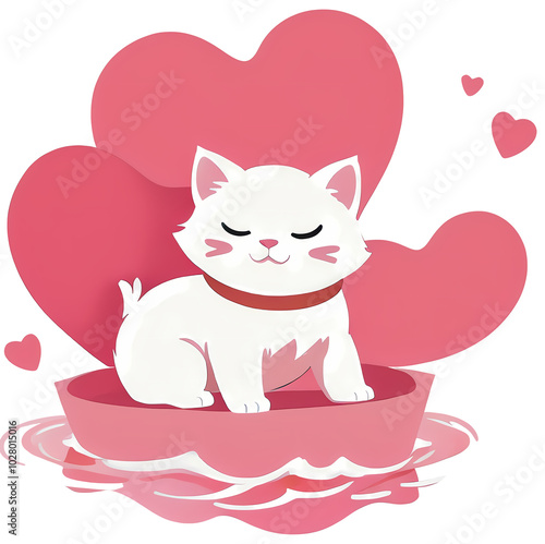 Obraz na płótnie Cute White Cat with Hearts on a Pink Boat - Love-Themed Sticker w salonie