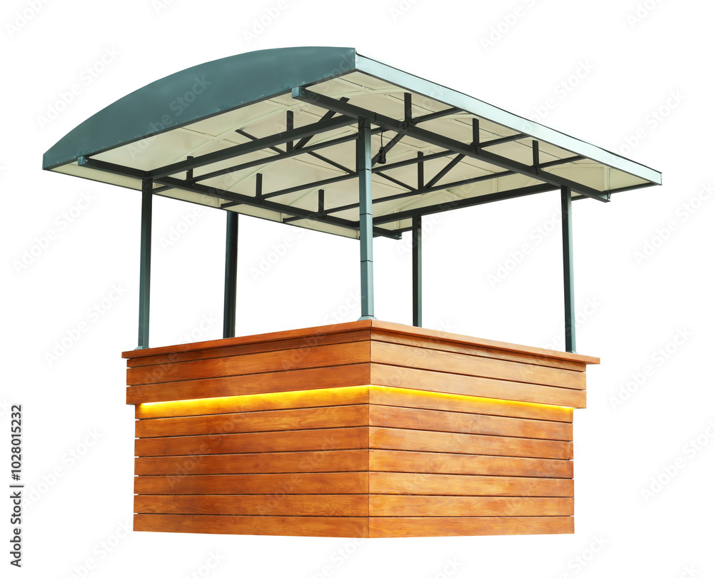 Modern brown wooden market stand stall with metal pillars new selling object isolated on white background