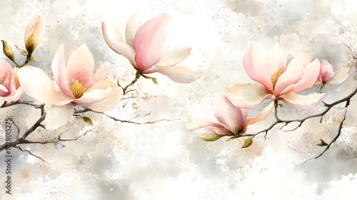 Fototapeta Naklejka Na Ścianę i Meble -  Elegant watercolor magnolia flowers painted with soft strokes on a white backdrop