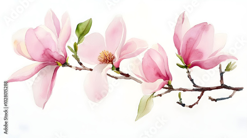 Fototapeta Naklejka Na Ścianę i Meble -  Elegant watercolor magnolia flowers painted with soft strokes on a white backdrop