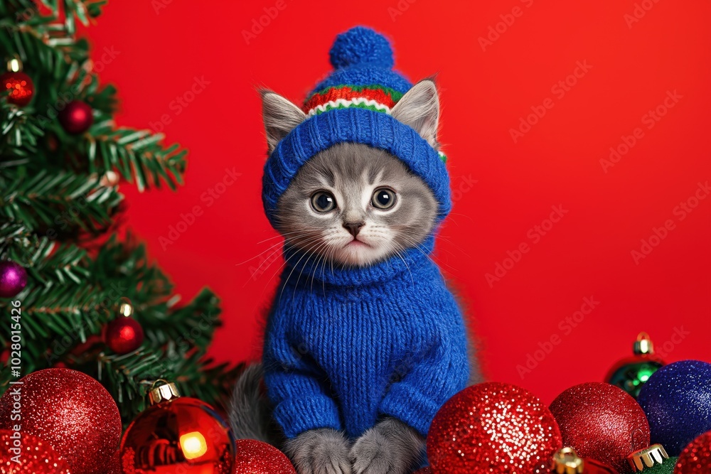 A grey kitten in cozy blue sweater and hat surrounded by festive ornaments on a vibrant red backdrop during the holiday season A grey kitten in cozy blue sweater and hat surrounded by festive ornaments on a vibrant red backdrop during the holiday season