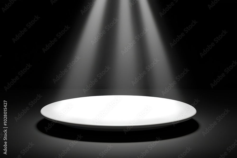 A clean, white plate illuminated under dramatic lighting against a dark background, creating a perfect presentation stage. A clean, white plate illuminated under dramatic lighting against a dark background, creating a perfect presentation stage.