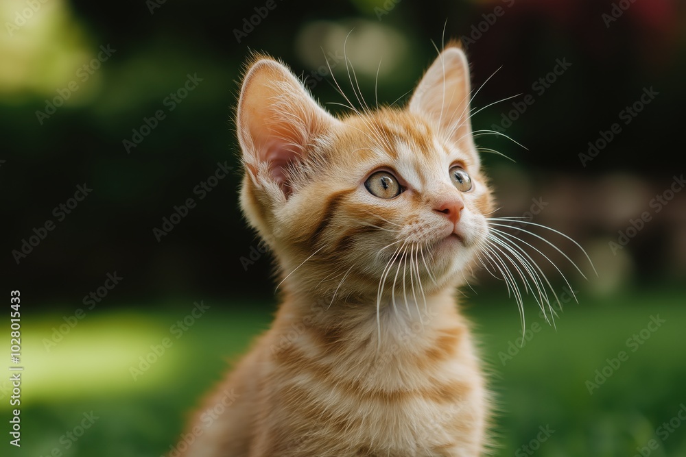 A ginger kitten gazes curiously in a sunny backyard, experiencing nature on a warm afternoon A ginger kitten gazes curiously in a sunny backyard, experiencing nature on a warm afternoon