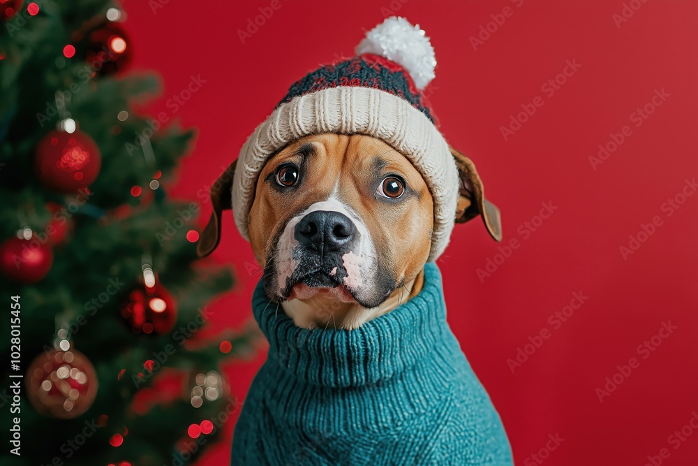 A landracer dog poses with a festive hat and sweater against a vibrant red background during the holiday season A landracer dog poses with a festive hat and sweater against a vibrant red background during the holiday season