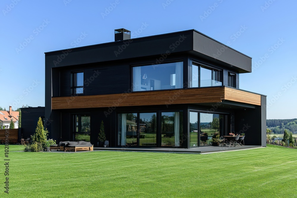 Contemporary black house with wooden facade and large windows, overlooking a fresh green lawn under clear skies, captured in ratio Contemporary black house with wooden facade and large windows, overlooking a fresh green lawn under clear skies, captured in ratio