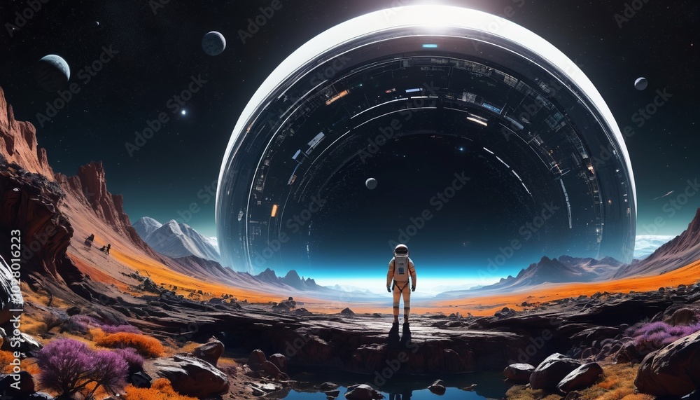 Fototapeta premium A thought-provoking examination of sci-fi fiction uncovers its role in reflecting societal issues while exploring themes like space colonization, time travel, and human evolution, Generative AI
