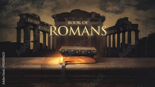 A Bible glows softly on a darkened stone ledge, with Book of Romans written in radiant gold letters above.