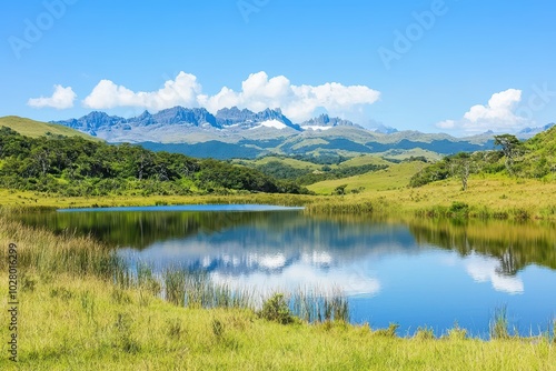 A serene landscape featuring a tranquil lake surrounded by lush greenery and majestic mountains under a clear blue sky.