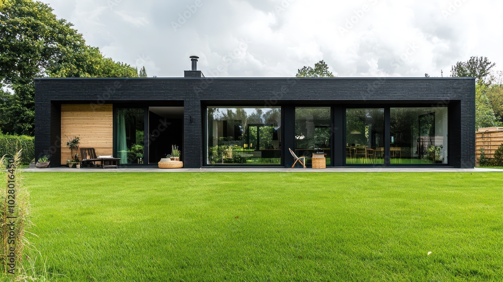 Contemporary black house with natural wooden accents, large glass windows, and an open view of the green lawn and surroundings Contemporary black house with natural wooden accents, large glass windows, and an open view of the green lawn and surroundings
