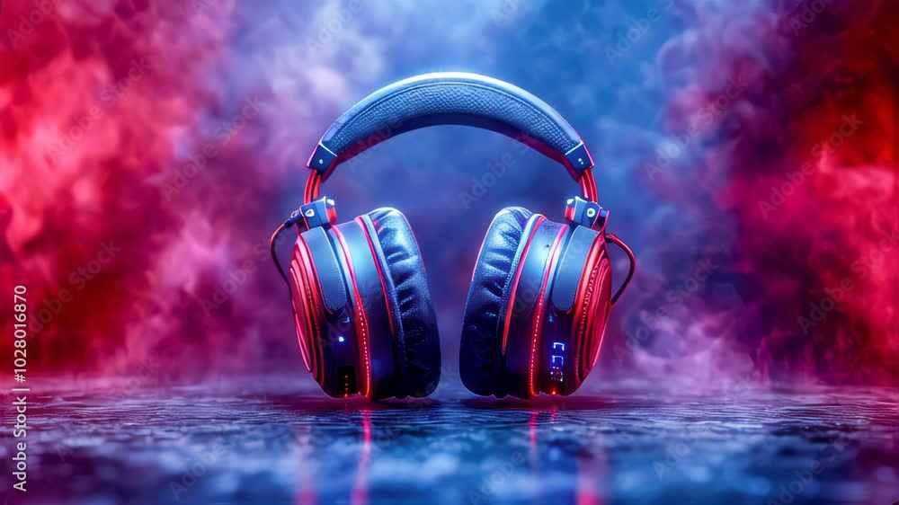 Headphones to listen to music on a dark neon background. Headphones on a dark background