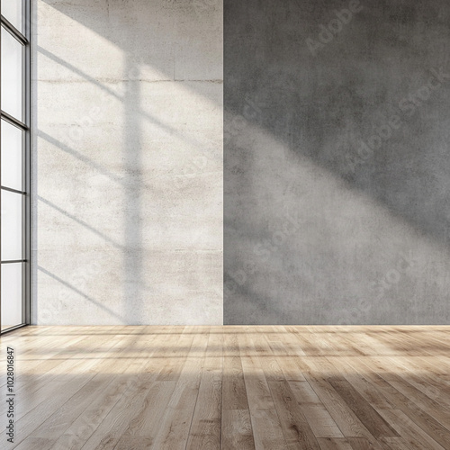 two grey seamless backdrops of differnt tones layered floor to ceiling one slightly in front of the other, wood floors, large room photo