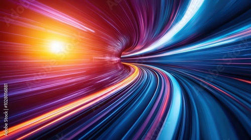 Abstract light trails in a tunnel, depicting motion and speed with vibrant colors against a dark background.