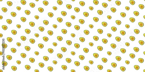 A seamless pattern of avocado halves on a white background. Avocado seamless pattern