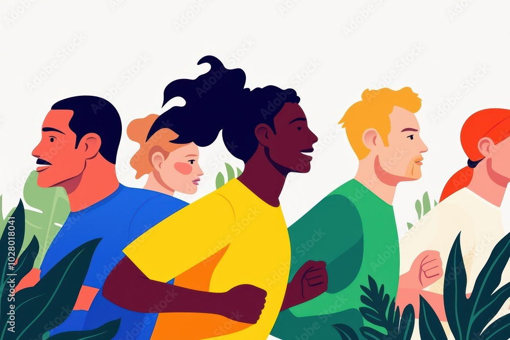 Diverse group of people jogging together, showcasing teamwork and fitness. Diverse group of people jogging together, showcasing teamwork and fitness.