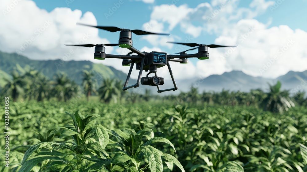 Drone flying over lush green fields with mountains in the background, showcasing modern agricultural technology. Drone flying over lush green fields with mountains in the background, showcasing modern agricultural technology.