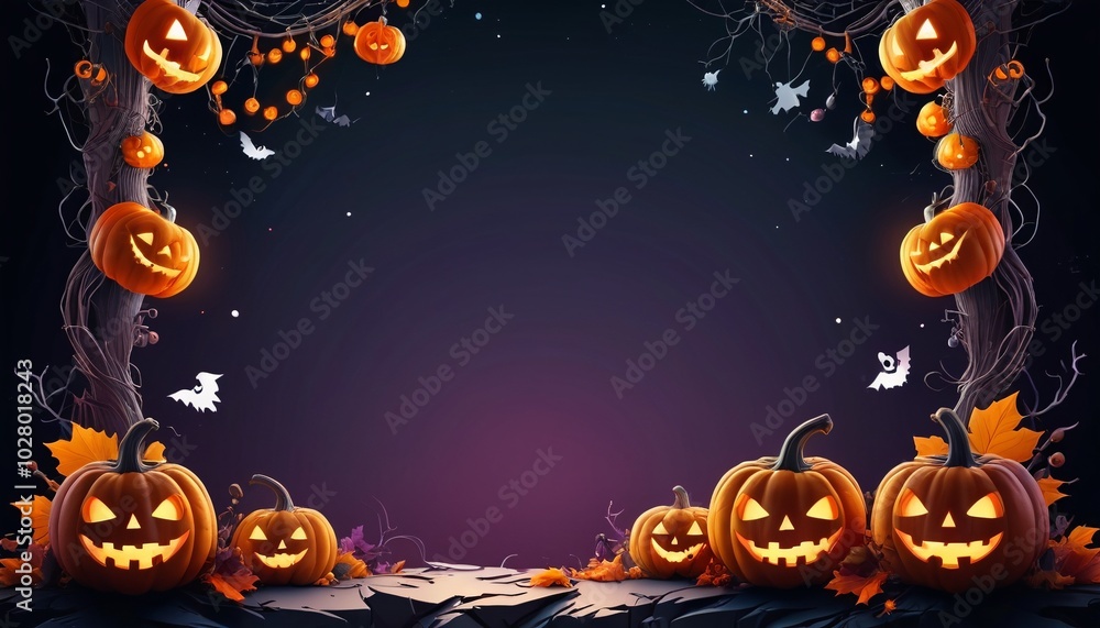 Fototapeta premium A festive Halloween party border design filled with spooky elements like pumpkins, ghosts, and cobwebs, creating a fun and vibrant atmosphere for any Halloween celebration, Generative AI