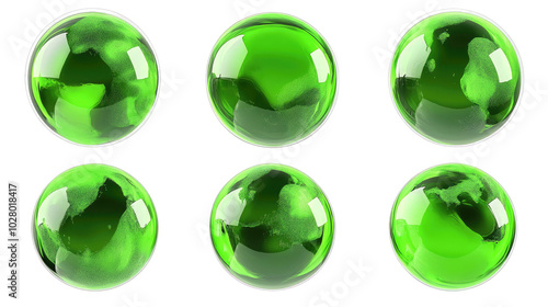 Collection of Glossy Green Planet Earths on a White Background Generative AI photo