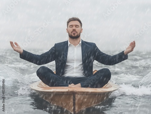 A businessman meditating calmly in a wooden boat amidst a heavy rainstorm on a tranquil ocean, staying calm in tough times