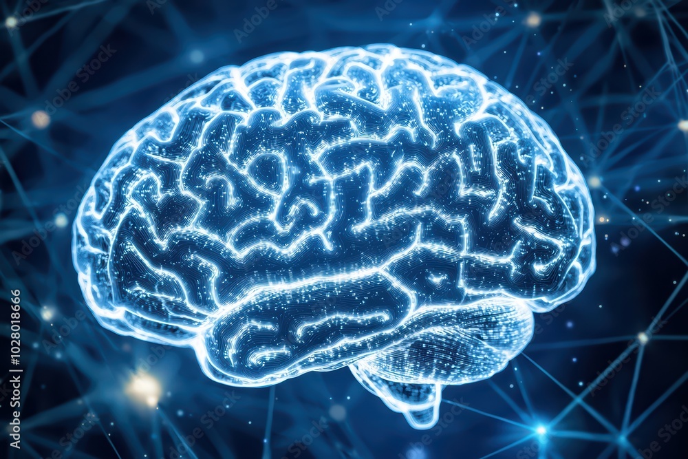 Glowing digital brain representation on a blue background, showcasing neural connections and advanced technology. Glowing digital brain representation on a blue background, showcasing neural connections and advanced technology.