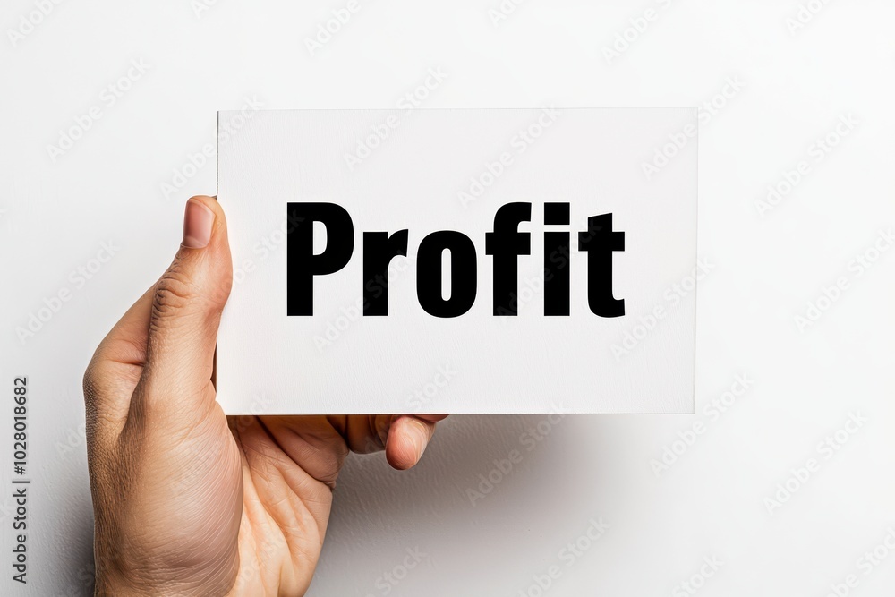 Hand holding a card displaying the word 'Profit' against a clean white background. Hand holding a card displaying the word 'Profit' against a clean white background.