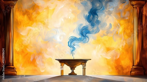 Sacred altar with phantom-like incense smoke forming shapes, warm golden tones, oil painting, high detail, spiritual essence
